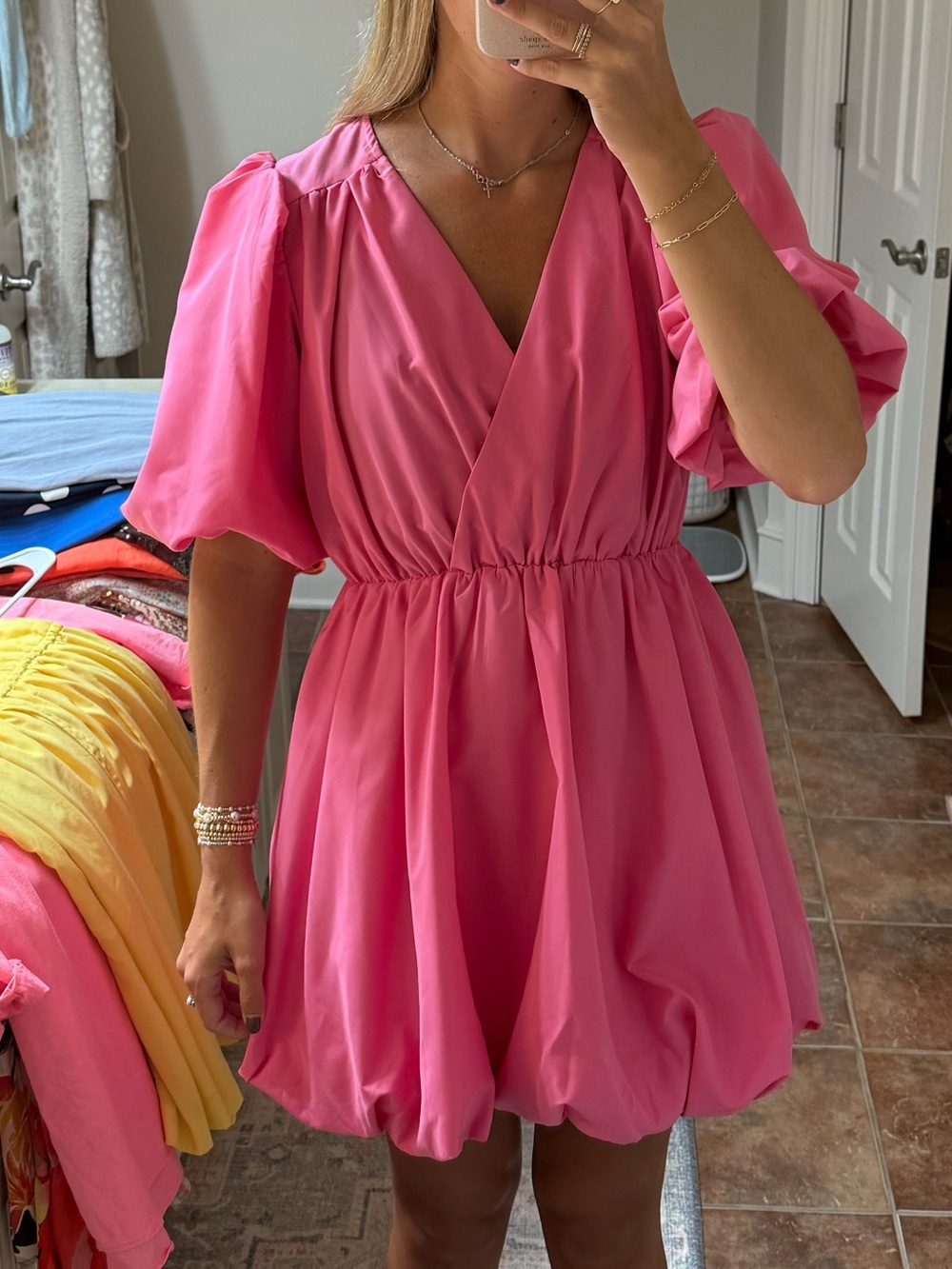 entro Hot Pink Puff-Sleeve Mini Dress